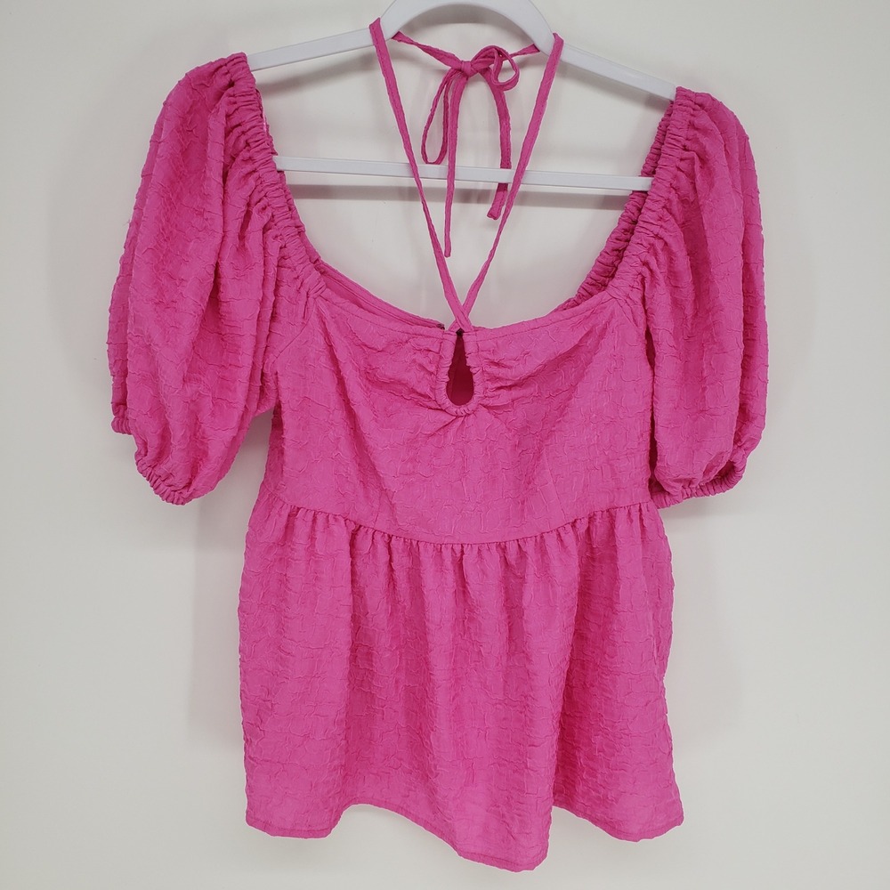 Future Collective Textured Peplum Top Women XS Pink Halter Puff Sleeve Babydoll